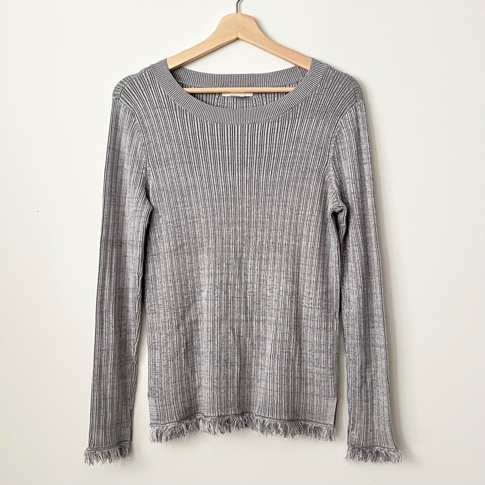Club Monaco Women's Ribbed Knit Top Sweater Fringe Trim Size M Gray Silver Luxe